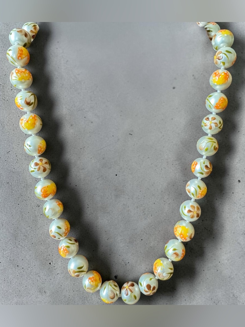 Vintage 10k Hand-painted Hand-tied Glass Pearl Necklace Hong Kong DL